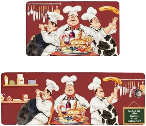 Chef Anti Fatigue Kitchen Mats for Floor, 17.3"x47"+17.3"x29", Red