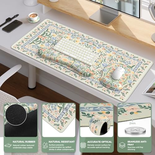 iCasso Green Desk Pad Mat, Large Mouse Pad and Keyboard Wrist Rest Set