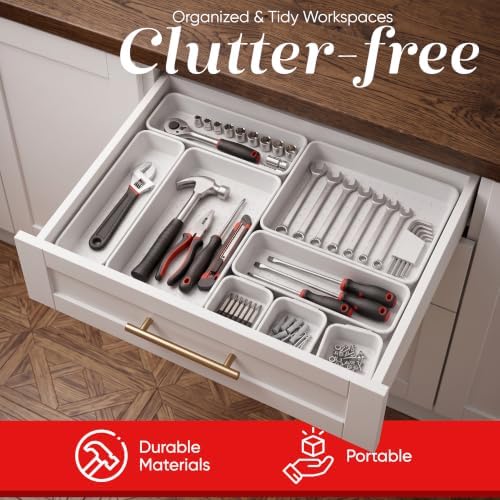Masirs Interlocking Drawer Organizer Bins - Durable Plastic, Various Sizes for Custom Layout Design. Great for Desk Drawer, Tool Box or Garage Organization. (White | 8-Piece Set)