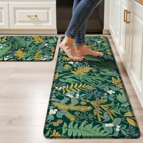 2 PCS Botanical Kitchen Rugs Set, Dark Green 17.3"x28" + 17.3"x47"