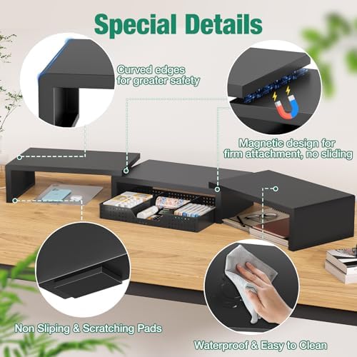 OPNICE Dual Computer Monitor Stand Riser, Desk Organizer with Drawer, Office Desk Accessories & Workspace Organizers for Home Office Supplies, Black