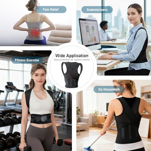 Posture Corrector for Women,Back Brace Adjustable Upper Posture Support, with 3 Thicker Support Ribs, One-Piece Back Design, Spine Alignment & Lower Back Pain Relief (Black, Medium)