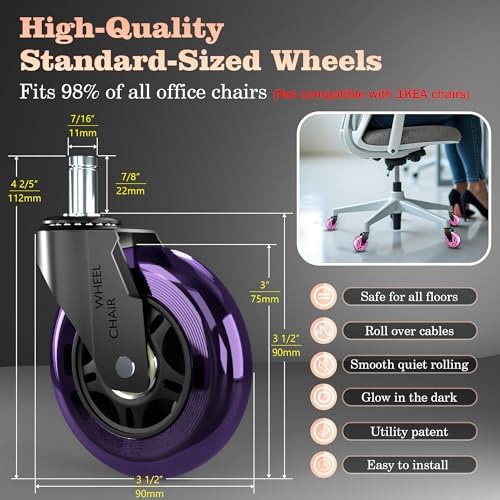 Office Chair Wheels Replacement,3" Rubber Casters 7/16" (11×22mm) Stem,Universal fit for Most Rolling/Gaming Chairs,Floor Protection for Carpet/Hardwood/Tile,Smooth&Quiet Rolling,Set of 5 (Purple)