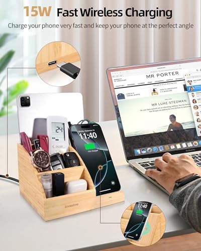 Bamboo Pen Holder with Wireless Charger, Desk Organizer 5 Compartments