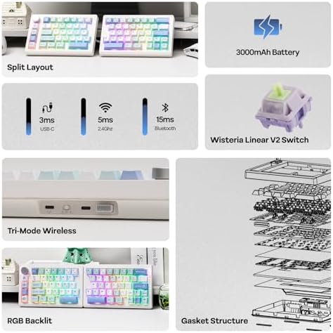 EPOMAKER Split70 Wireless Ergonomic Keyboard with QMK/VIA and Knob, Mechanical Gaming Keyboard with RGB, Hot-Swap, Creamy Linear Switch, PBT Keycap, Gasket, Mac Modifier, 70% Split Layout (White)