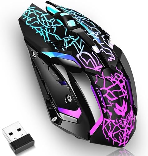 Wireless Gaming Mouse,Rechargeable Computer Mouse with Type-C Fast Charging, Ergonomic Mouse with 3 Adjustable DPI, 6 Silent Buttons, LED Light, Long Battery Life for Laptop, PC, Mac
