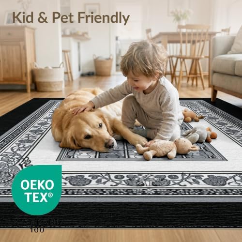 9'x12' Charcoal Gray Cat Motif with Vine Border Washable Area Rug