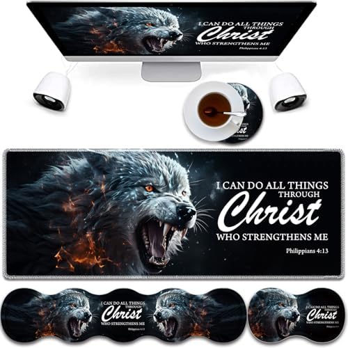 4 in 1 Mouse Pad Combo, Large Gaming Mouse Pad + Keyboard Wrist Support + Mouse Wrist Rest + Coaster, Table Pad 31.5 "x 11.8" with Memory Foam Ergonomic Wrist Pad Set, Ferocious Wolf