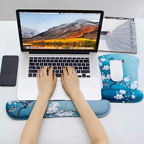 Ergonomic Memory Foam Keyboard Mouse Pad Set with Rest Wrist Cushion Support for Laptop/Notebook/Desktop/Computer/Gaming/Home/Office/Desk, Comfortable & Lightweight (Birds & White Flowers)