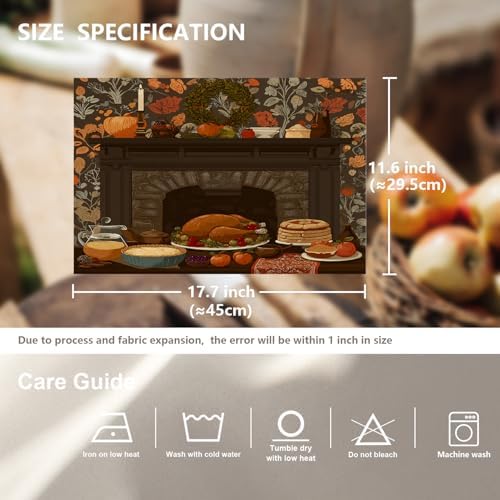 Thanksgiving Fireplace Dinner Linen Placemats, Roast Turkey with Pies and Fruits Table Mats for Table Washable Heat Insulation Thick Dining Mat, Indoor/Outdoor 12X18 in 4 Pcs