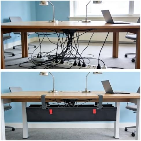 Under Desk Cable Management No Drill – 28" L x 6" W Cord Organizer, Upgraded Silicone Pads (No Scratch), 16 Cable Slots, Washable PE Honeycomb Base, Fits Desks 0–2.1" Thick, Beige