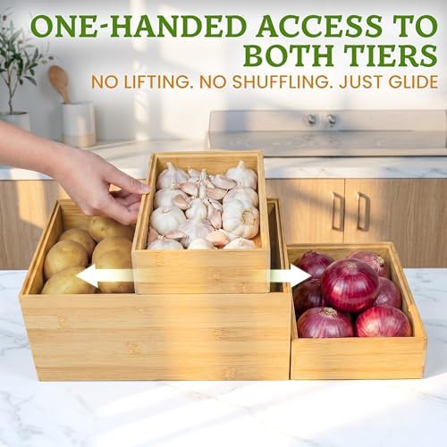 HOMESTEAD 3-Piece Stackable Bamboo Storage Box, Large Storage Bin, Wooden Boxes for Makeup Drawer Organizer Bathroom, Office Supplies, Kitchen Utensils, Bamboo Storage Containers