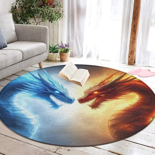 Fashion Round Area Rug Large Non Slip Carpet, Cool Blue Ice Fire Dragon Unisex Home Decor Mat