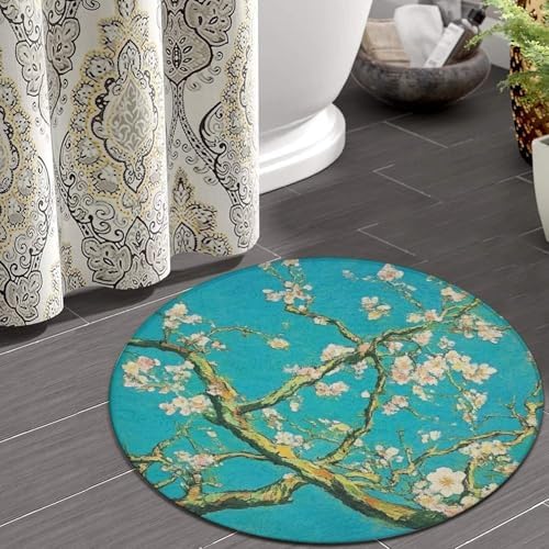 Room Sofa Yoga Soft Round Carpet, Home Decor Non Slip Kitchen Office Circle Rug, Machine Washable Modern Round Area Rug Beautiful Apricot Flower Blossom Art, 36inch