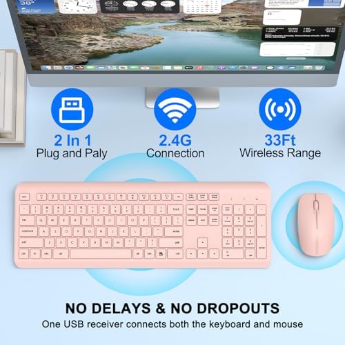 Wireless Keyboard and Mouse Combo, Full-Size Silent Ergonomic Keyboard and Optical Mouse, Long Battery Life, 2.4GHz Lag-Free Cordless Mice Keyboard for Computer, Mac, Laptop, PC, Windows(Pink)