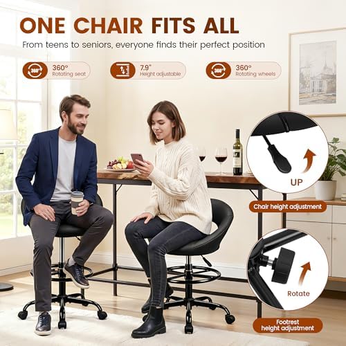 Ergonomic Drafting Chair for Standing Desk, PU Leather Black