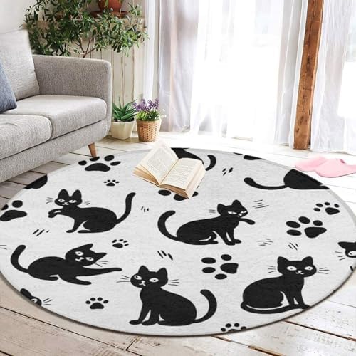 Women's Large Home Decor Mat, Soft Round Yoga Carpet, Non Slip Machine Washable Home Office Circle Rug Black Cat Paw Print
