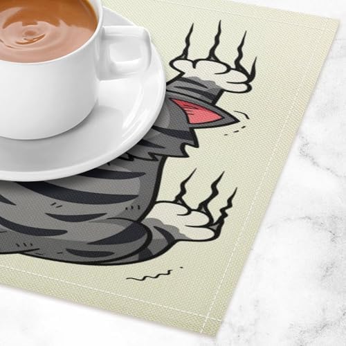Cute Cat Stretching with Claws Out Linen Placemats Set of 1PCS, Heat Resistant Non-Slip Washable Table Placemats for Dining Everyday Use Hotel Banquet Home Decor