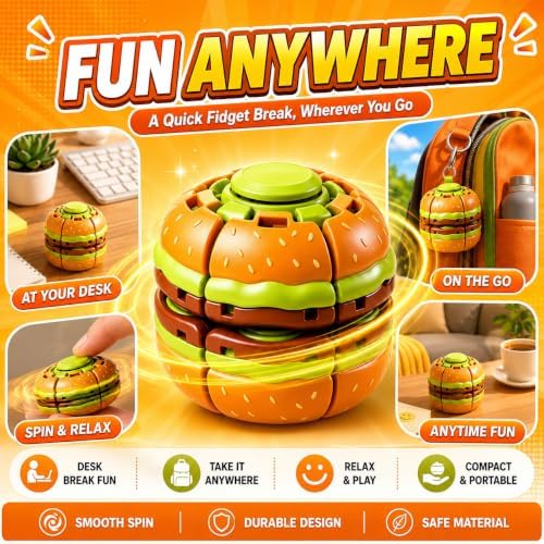 2 Pack Hamburger Fidget Spinner Balls, Press-to-Spin Mechanical Sensory Fidget Toys, Handheld Stress Relief Desk Toy