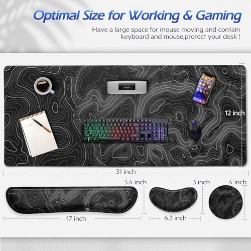 Gimars 4 in 1 Mouse Pad and Keyboard Wrist Rest Set, Large Mouse Pad with Memory Foam Wrist Support Pad for Desk with Coaster, Easy Typing Pain Relief, Gaming Office Home 31.5x12 in, Topographic Map