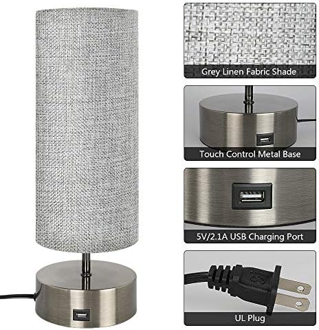 Haian Support 3-Way Dimmable Touch Control Table Lamp with USB Charging Port Set of 2,Modern Nightstand Bedside Desk Lamp with Grey Fabric Lampshade for Living Room,Bedroom,Study Room,LED Bulb Include