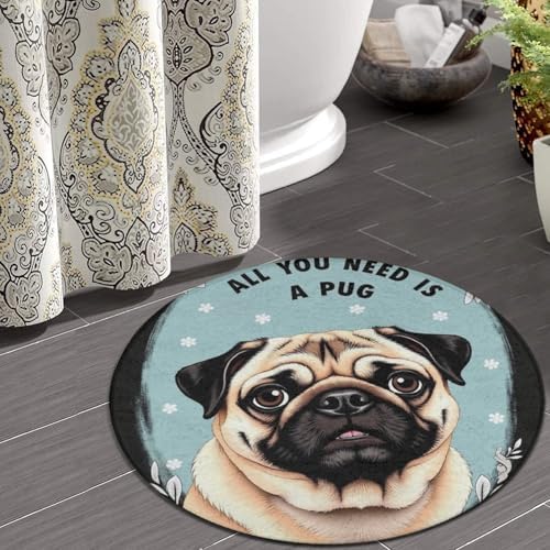 Men's Large Home Decor Mat, Soft Round Yoga Carpet, Non Slip Machine Washable Home Office Circle Rug Cute Puppy Pug