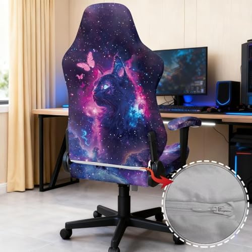 Cat Galaxy Gaming Chair Protector Slipcover 4-Piece Fits Office/PC Boss Recliners Anti-Scratch Washable with Zipper for Living Room