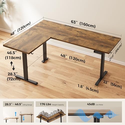 Agilestic L Shaped Standing Desk 63 inch Adjustable Height, Electric Corner Standing Desk, Sit Stand Computer Table with Splice Board, Rustic Brown