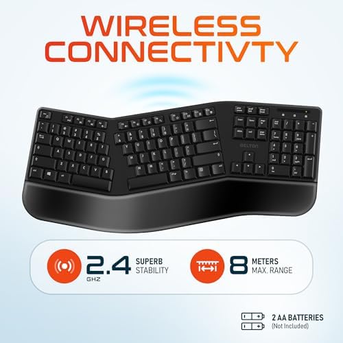 Delton Wireless Ergonomic Keyboard, 2.4G USB Dongle Full-Size Keyboard