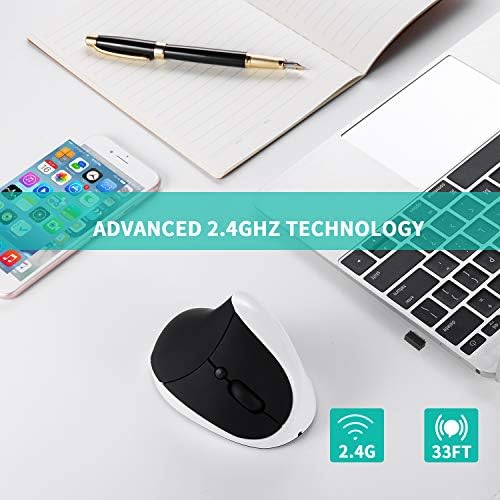 AURTEC Vertical Mouse, Rechargeable 2.4G Wireless Ergonomic Mice with USB Receiver, 6 Buttons and 3 Adjustable DPI 800/1200/1600, White