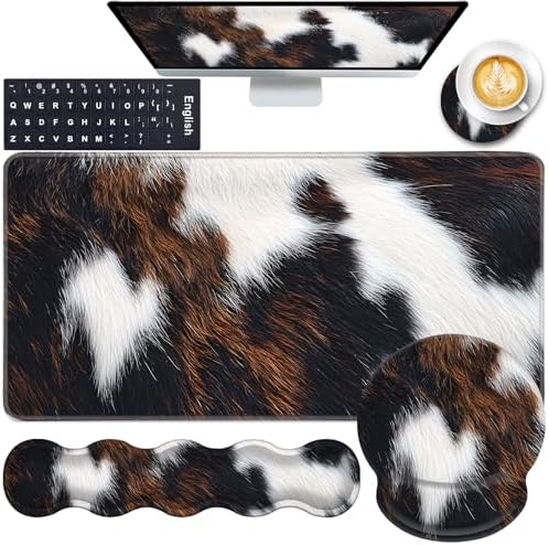 Mouse Pad,Large Pink Desk Mat, 4in1 XXL Mousepad + Keyboard Wrist Rest+Mouse Wrist Rest+Coaster Set with Ergonomic Desk Pad for Home Office Table Computer-Cute Cowhide Brown Black Cow