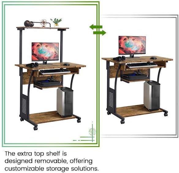 Yaheetech Small Rolling Computer Desk with Hutch and Shelves, Rustic Brown