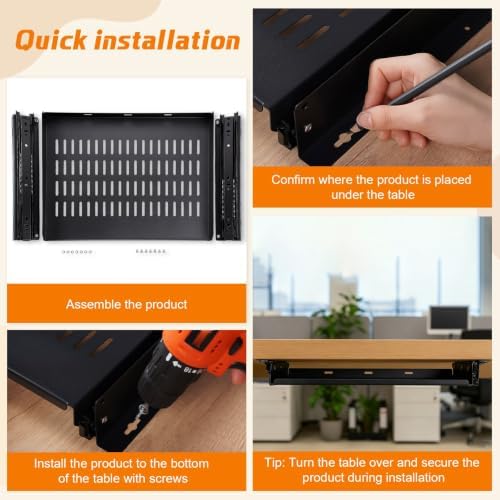 Sliding Under Desk Laptop Mount Shelf with Air Vents 16.3" W x 12" D Metal Under Desk Slide Out Tray Laptop Storage Tray for Home Office Standing Desks Workstations Cabinet Gaming