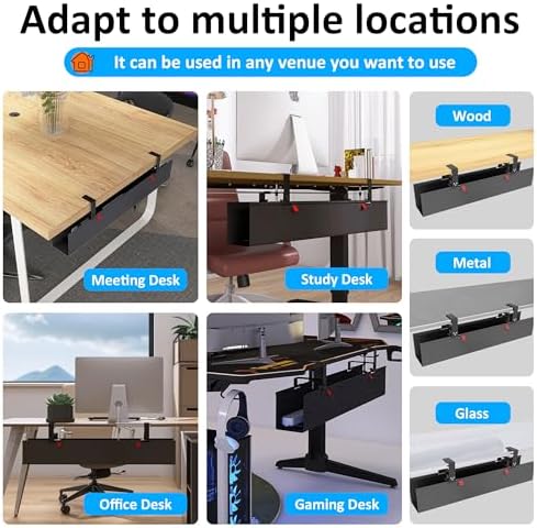 Under Desk Cable Management Tray - Under Desk Cord Management - Clamp/Screw Mount - Fabric Wire Management - Cable Raceways Tray Cord Hiders for Office/Home (Black, 35.8"×5.6")