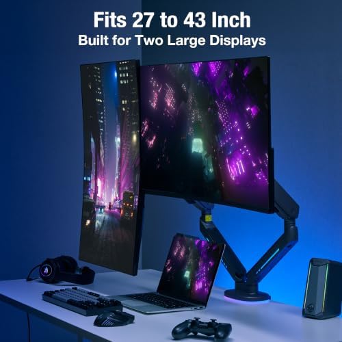 AVLT RGB Gaming Dual Monitor Arm Desk Mount for 27-43" Screens - Black