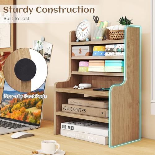 Tangkula 6-Tier Desktop File Organizer, Wooden Mail Letter Tray Organizer with 2 Removable Shelves for Papers, Folders & Office Supplies, Space-Saving Desktop File Holder for Small Spaces Home Office