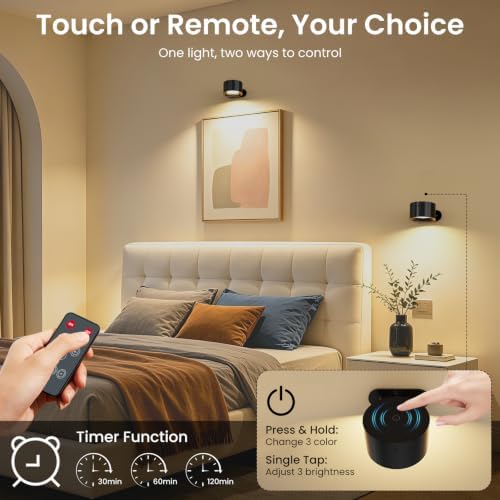 Koopala 3PACK Rechargeable LED Wall Sconce, Cordless Battery with Remote Powered Wall Sconce, 3 Brightness Levels, 360° Swivel Magnetic Shade for Bedrooms, Hallways, Den and Reading Spaces（Black）