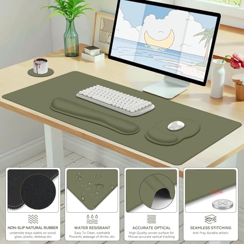 4 PCS Mouse Pad Desk Mat Protector, Keyboard Wrist Rest + Comfortable Mouse Pad Wrist Rest +Coaster, Large Gaming Mousepad for Computer Laptop, 35.4"X 15.7" Deskpad for Office Home I Olive Green