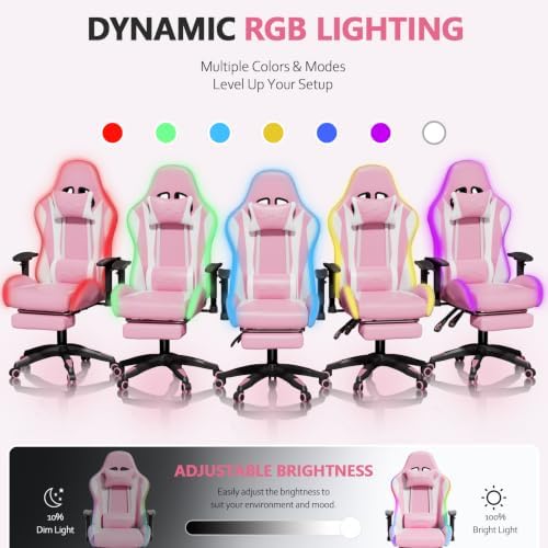 Mr IRONSTONE RGB Gaming Chair with Bluetooth Speakers, Multi-Point Vibration Massage Gaming Chair (Seat, Back & Lumbar), Ergonomic High Back Recliner, Footrest for Adults, Iridescent Pink
