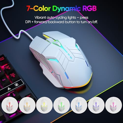 MELOGAGA Wired Gaming Mouse RGB USB Mouse with 4 DPI, 6 Buttons -White