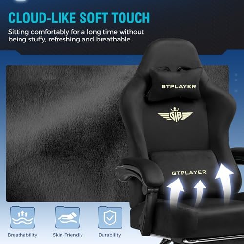 GTPLAYER Gaming Chair Fabric with Pocket Spring Cushion, Big and Tall Gamings Chairs 350LBS High Back Computer Chair with Footrest for Adults Lumbar Support Swivel Game Chair for Office Light Black