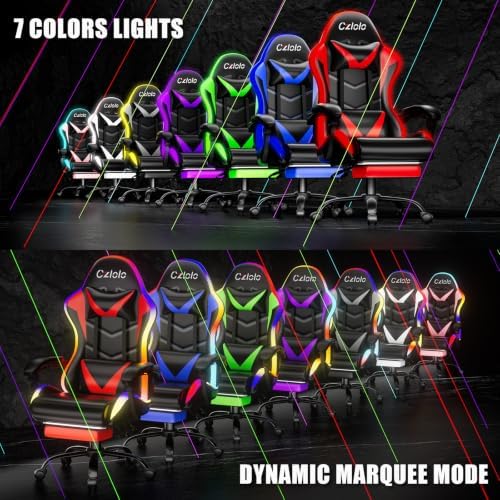 Czlolo Gaming Chair, RGB LED Lights Computer Chair with Footrest, Lumbar Support Massager Gamer Chair, High Back, 90-135° Reclining, Linkage Armrests, Purple