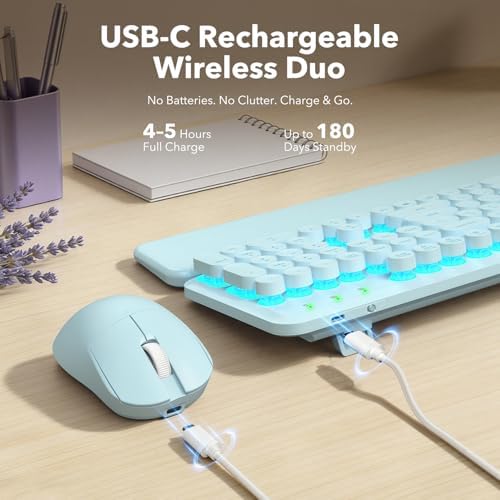 Wireless Keyboard and Mouse Combo, Backlit Round Keycaps, Glowing Blue