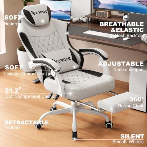 Vonesse Gaming Chair, Desk Chair with Linen Breathable Mesh Fabric, Office Chair with Adjustable Lumbar Support, Computer Chairs with Footrest and Headrest (Beige White)