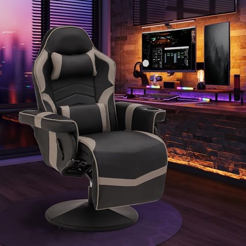 Massage Gaming Recliner Chair with Cup Holder & Side Pockets – Ergonomic PU Leather Video Gaming Chair with Footrest, Manual Recline, Headrest & Lumbar Support for Office or Game Room (Grey)
