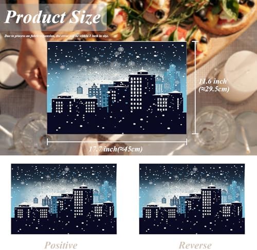 Shrahala Winter City Silhouette Placemats, Urban Falling Snowflakes Table Mat Linen Burlap Washable Double-Deck Heat Insulation for Dining Table Kitchen Table Set of 4 (12 x 18 inch)