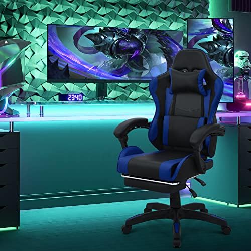 Magshion High-Back Gaming Chair with Footrest, Ergonomic Adjustable Recliner, 360° Swivel PU Leather Computer Chair with Headrest, Lumbar Support and Retractable Footrest for Home Office, Blue