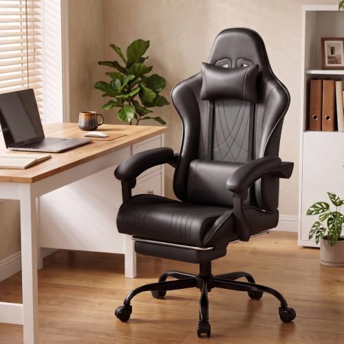 LUCKRACER Gaming Chair with Footrest, Pocket Spring Seat, 90°-135° Reclining Computer Chair with Linkage Armrests, Lumbar Support, Height Adjustment, SGS-Tested Gas Lift, 330 lbs Capacity, Black