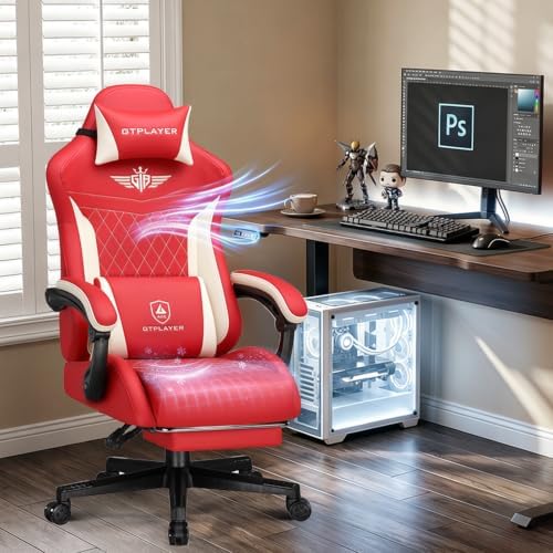 GTPLAYER Gaming Chair with Footrest, Ergonomic Office Chair 400lbs Heavy Duty, Big and Tall Computer Desk Chair with Lumbar Support and Headrest, Faux Leather 90-155° Recline Red