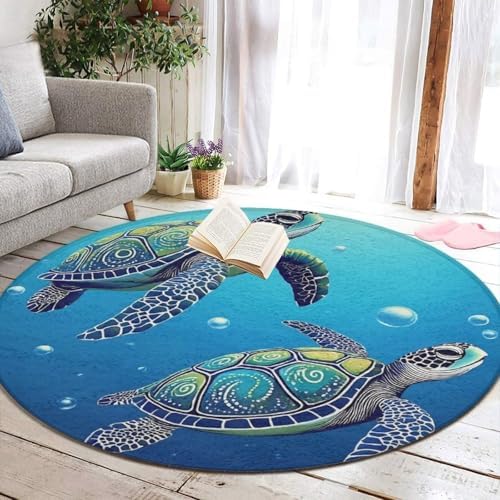 Fashion Round Area Rug Large Non Slip Carpet, Abstract Tortoise Blue Sea Turtle Unisex Home Decor Mat
